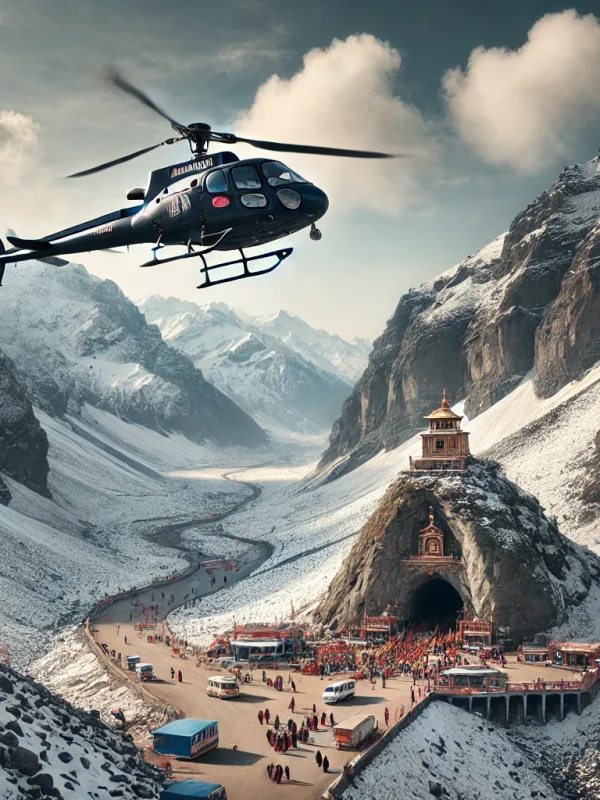 DALL·E-2025-03-24-11.42.51-A-helicopter-flying-over-the-snow-covered-mountains-of-Amarnath-India.-Below-a-small-temple-cave-is-visible-surrounded-by-pilgrims.-The-sky-is-clea